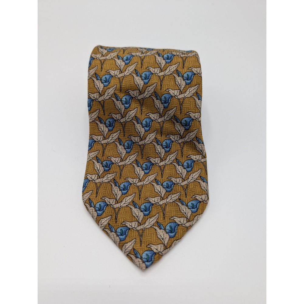 Hickey Freeman Silk Jacquard Tie Gold Blue Flower Handmade USA Woven